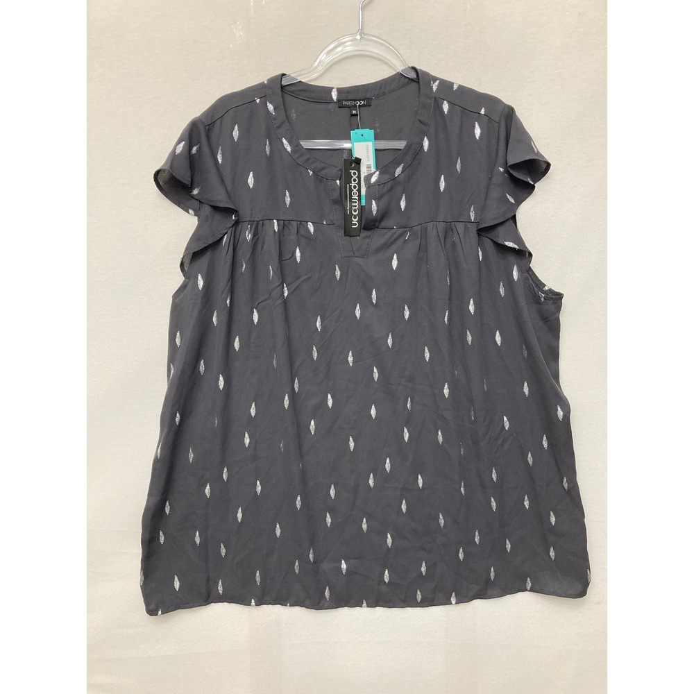 New Papermoon Metallic Print Blouse 3X Dark Grey Flutter Sleeve Top Soft Comfy